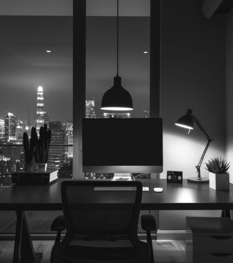 minimalistic office in nighttime, closeup, black and white --ar 3:2 --style raw --stylize 250 Job ID: f4369d79-dec4-4b0a-a0eb-d4e8eb23e8cb
